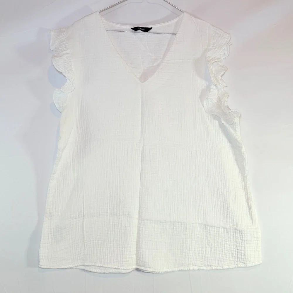 SHEIN Women's White XL Ruffle‎ Sleeve V-Neck Cotton Gauze Top